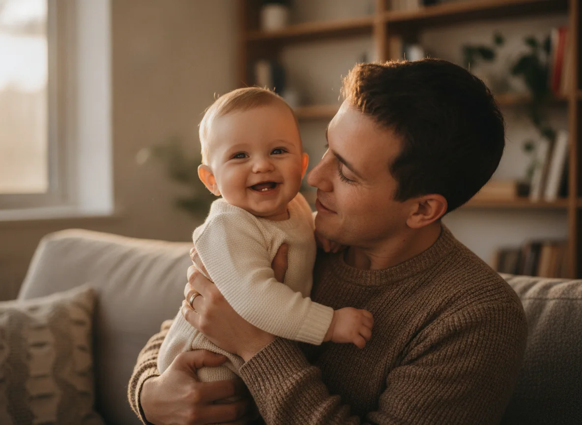 A parent holding a smiling one-year-old baby