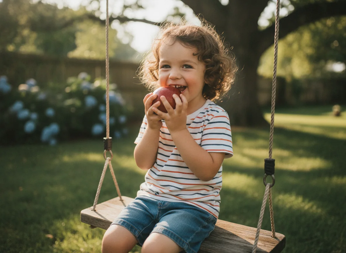 A happy child enjoying a healthy snack outdoors