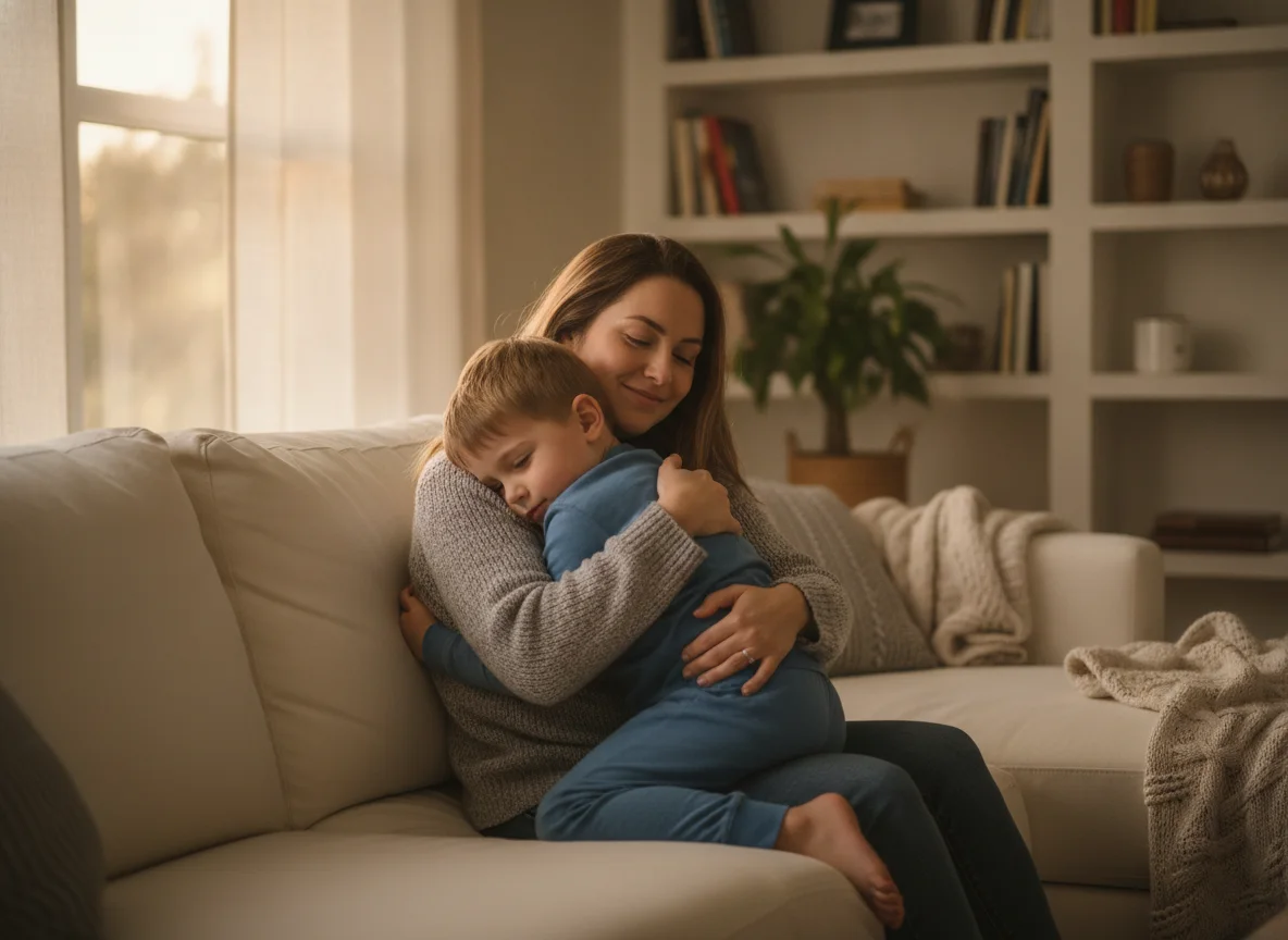 A parent giving their child a reassuring hug at home