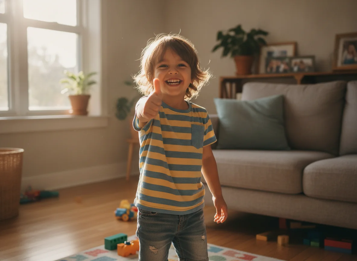 A joyful child giving a thumbs up at home