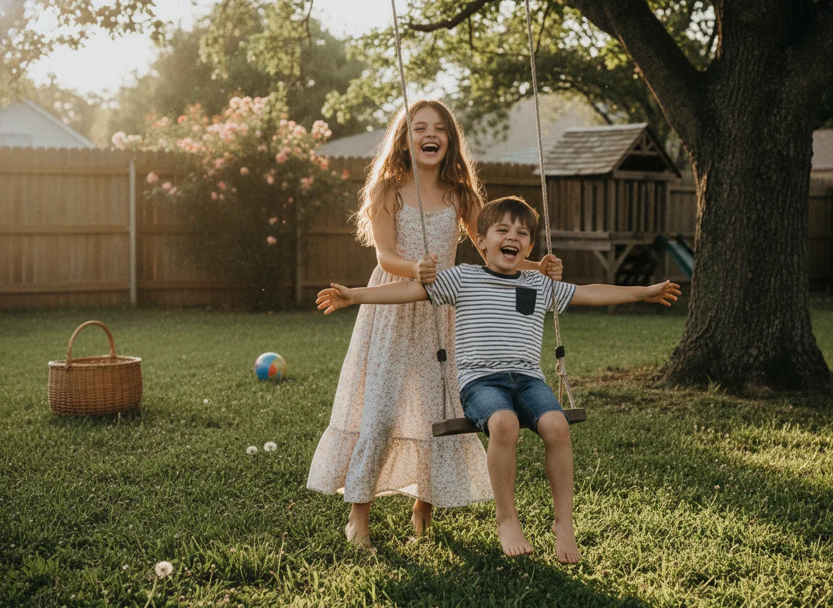 Two siblings laughing and playing together outdoors
