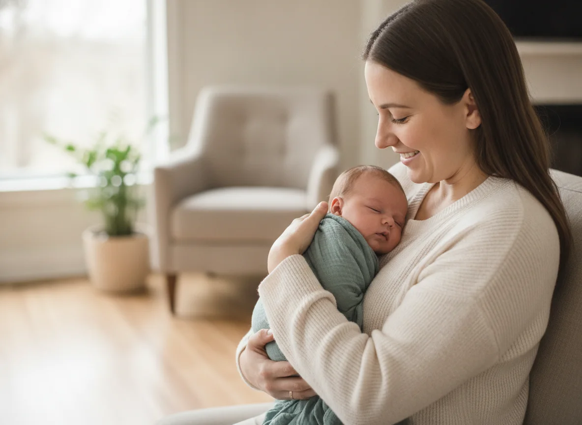A parent gently holding a calm infant at home