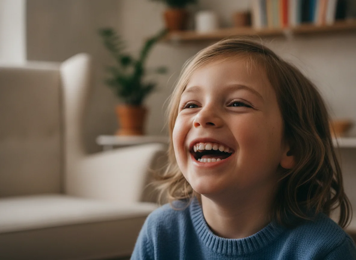 A laughing child with a bright, healthy smile