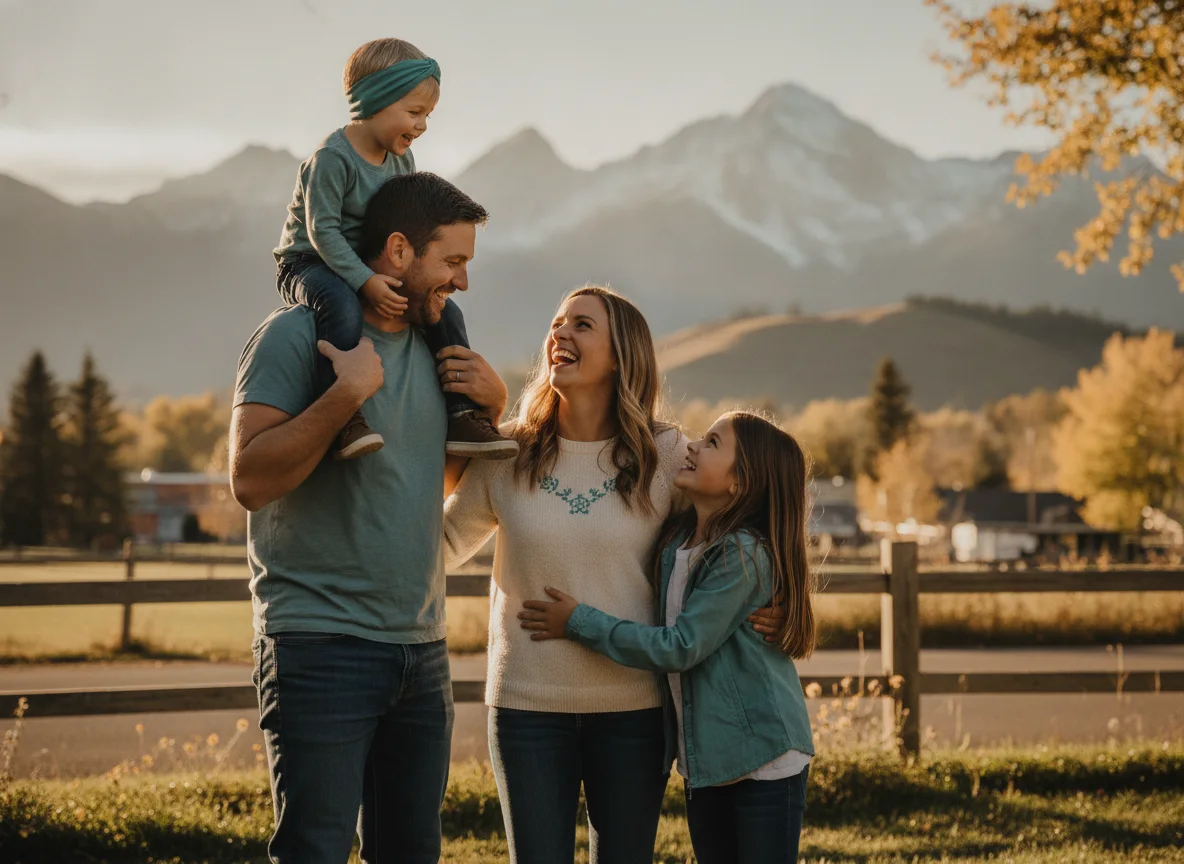 A family smiling together outdoors near the mountains
