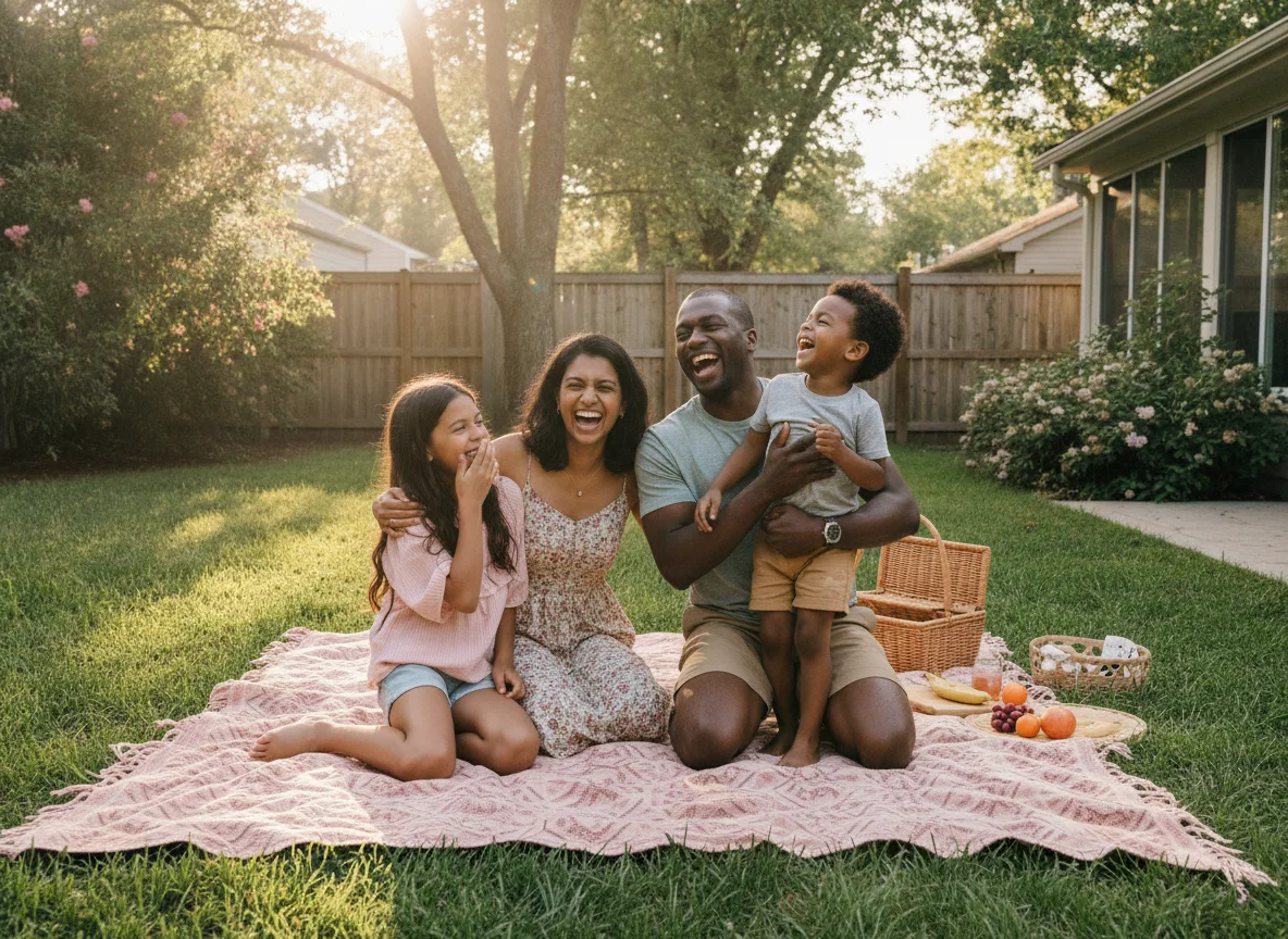 A family with two children laughing together outdoors