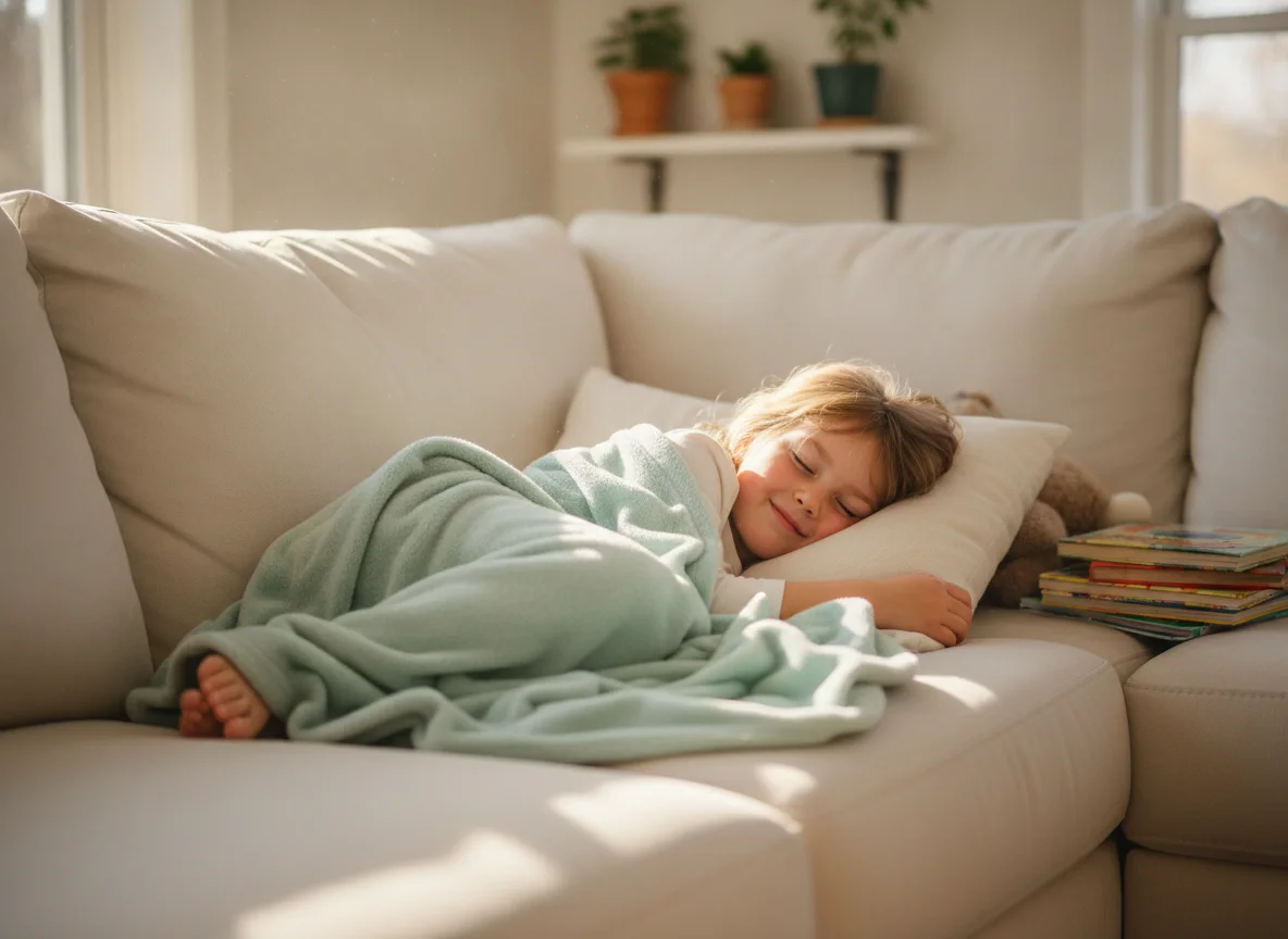 A relaxed, happy child resting comfortably at home