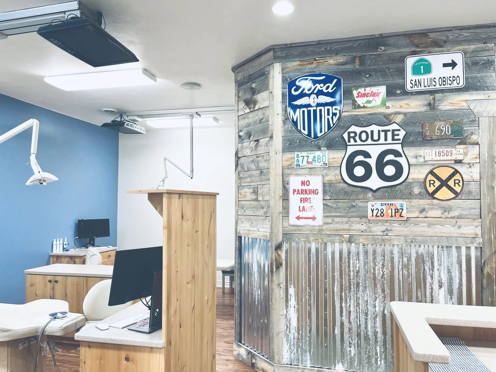 Check-in area with a fun travel theme in Rexburg